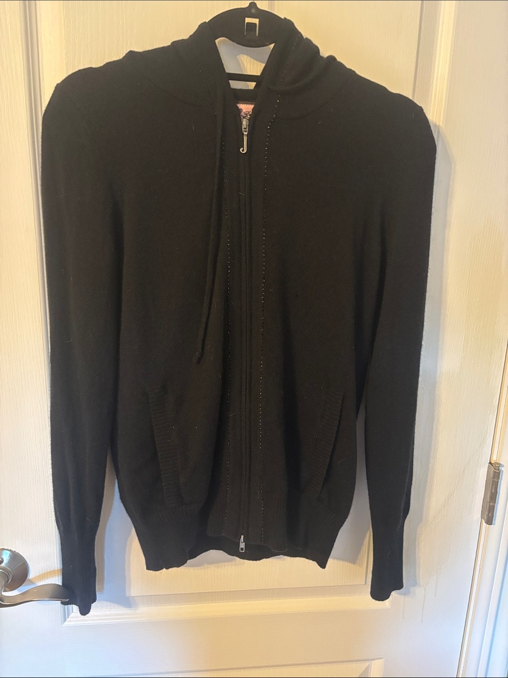 Juicy Couture Black Zip-Up Hoodie Sweater, cashmere w/ sparkly lining size L
